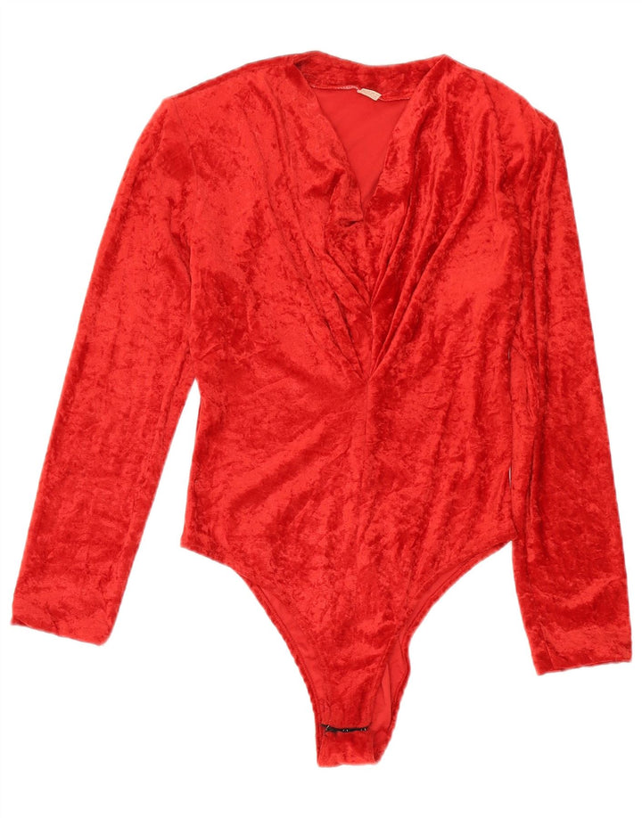 Body de veludo feminino vintage Reino Unido 14 algodão vermelho médio