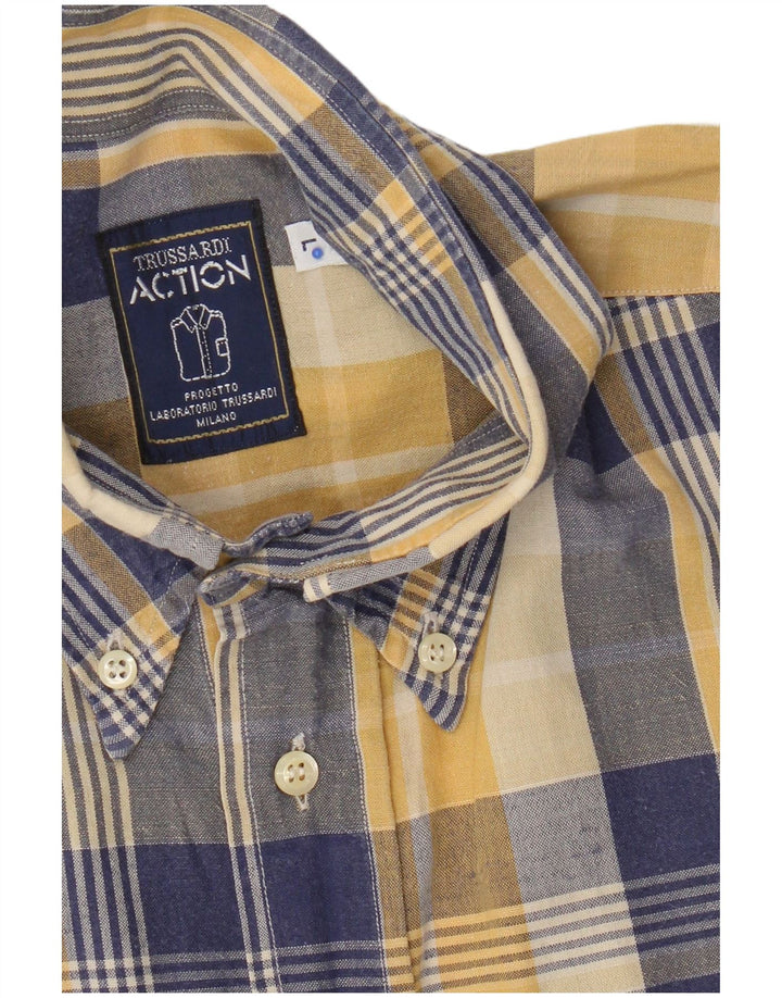 Trussardi Camisa masculina de manga curta grande xadrez azul