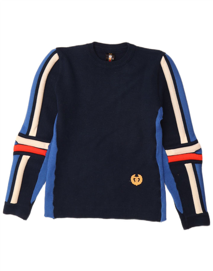 Suéter vintage masculino com gola redonda IT 48 bloco colorido azul marinho médio
