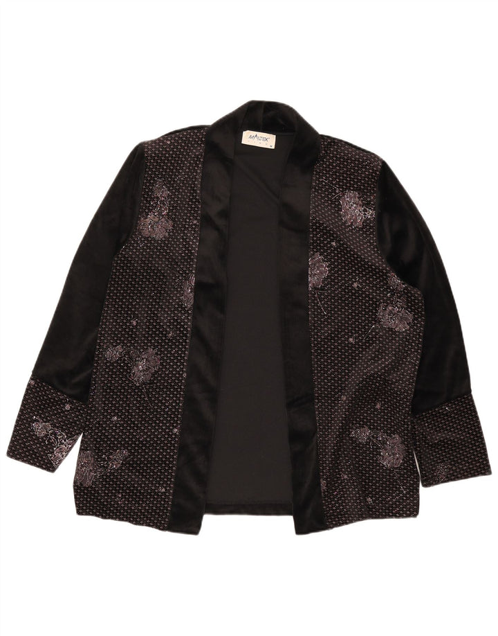 Jaqueta Blazer aberta feminina vintage Reino Unido 14 poliéster floral preto médio