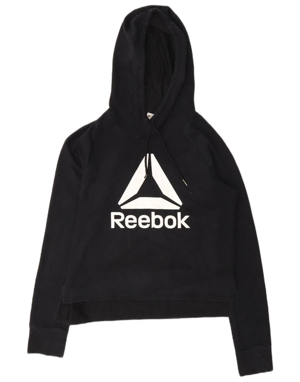 Reebok Womens Crop Graphic Hoodie Jumper UK 10 Pequeno Algodão Preto