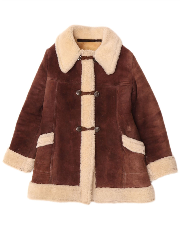 Casaco feminino vintage de shearling UK 10 pequeno bloco colorido marrom