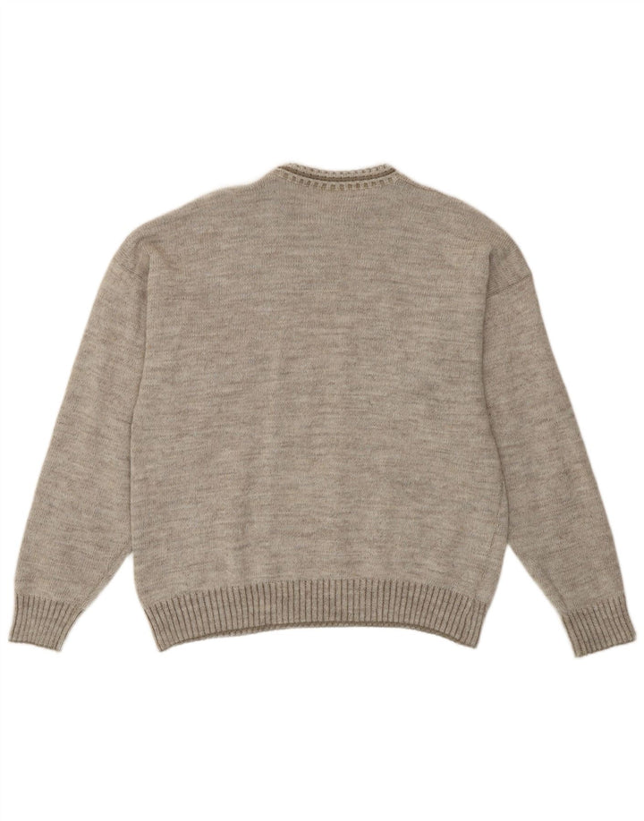 Suéter vintage masculino com gola redonda, retrô cinza médio geométrico