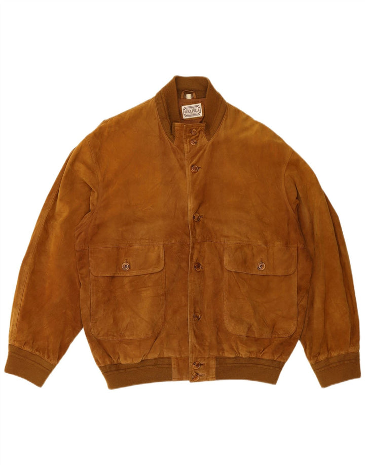 Jaqueta bomber masculina vintage de camurça Reino Unido 42 XL couro marrom