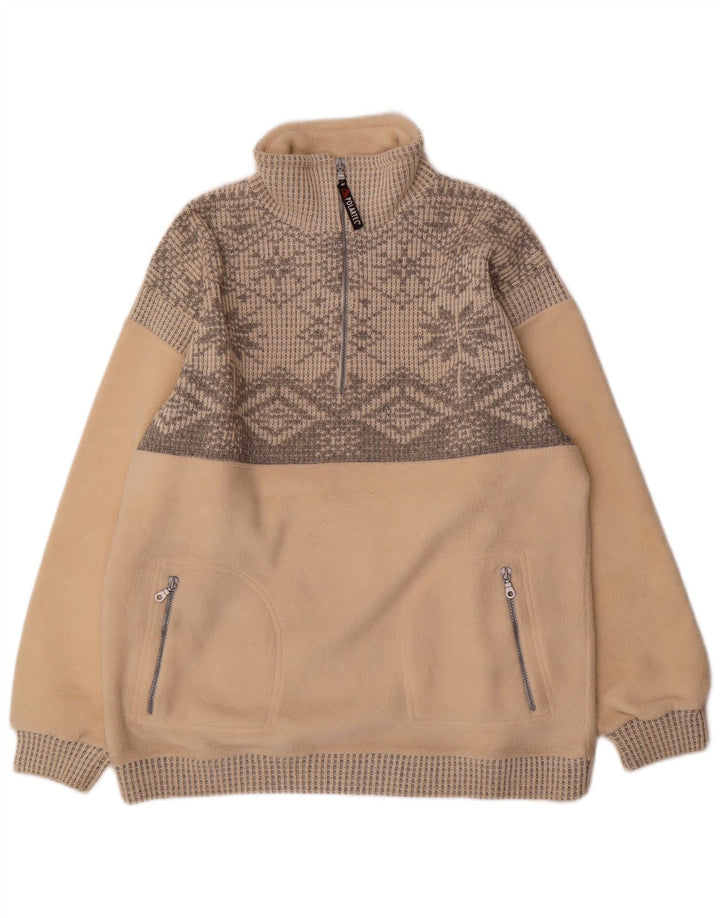 Jumper de lã masculino vintage com zíper e pescoço grande poliéster Fair Isle bege