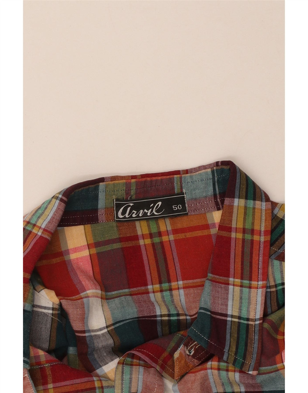 Camisa militar masculina VINTAGE de manga curta IT 50 xadrez multicolorida média