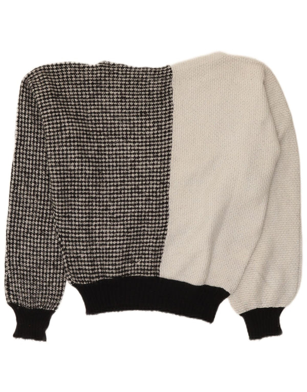 Suéter feminino vintage com gola canoa UK 14 bloco colorido branco médio