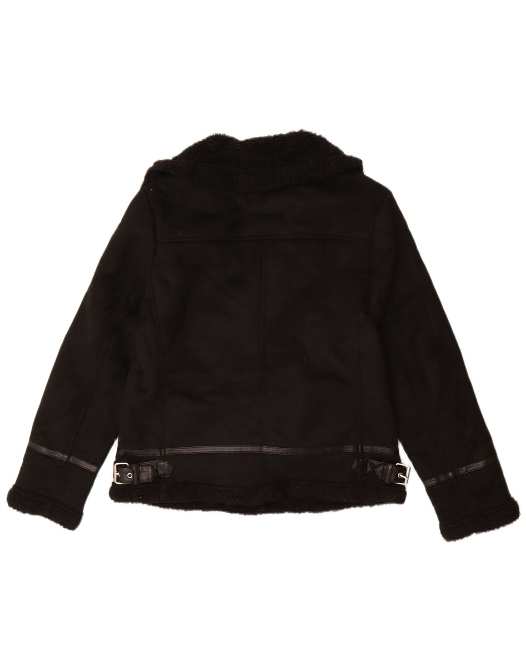 Jaqueta feminina Sherpa Biker ZARA UK 12 poliéster preto médio