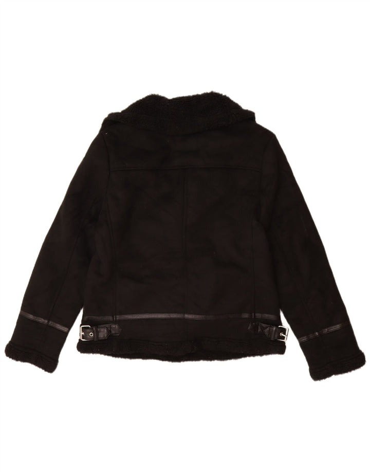 Jaqueta feminina Sherpa Biker ZARA UK 12 poliéster preto médio