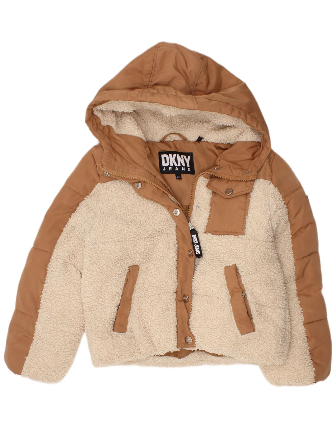 Jaqueta acolchoada com capuz para meninas Dkny 5-6 anos poliéster colorblock marrom