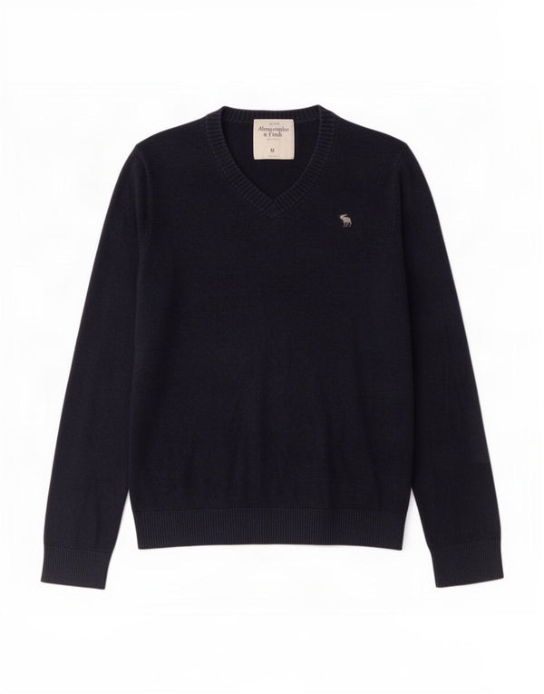 Suéter masculino Abercrombie & Fitch com decote em V de algodão azul marinho médio