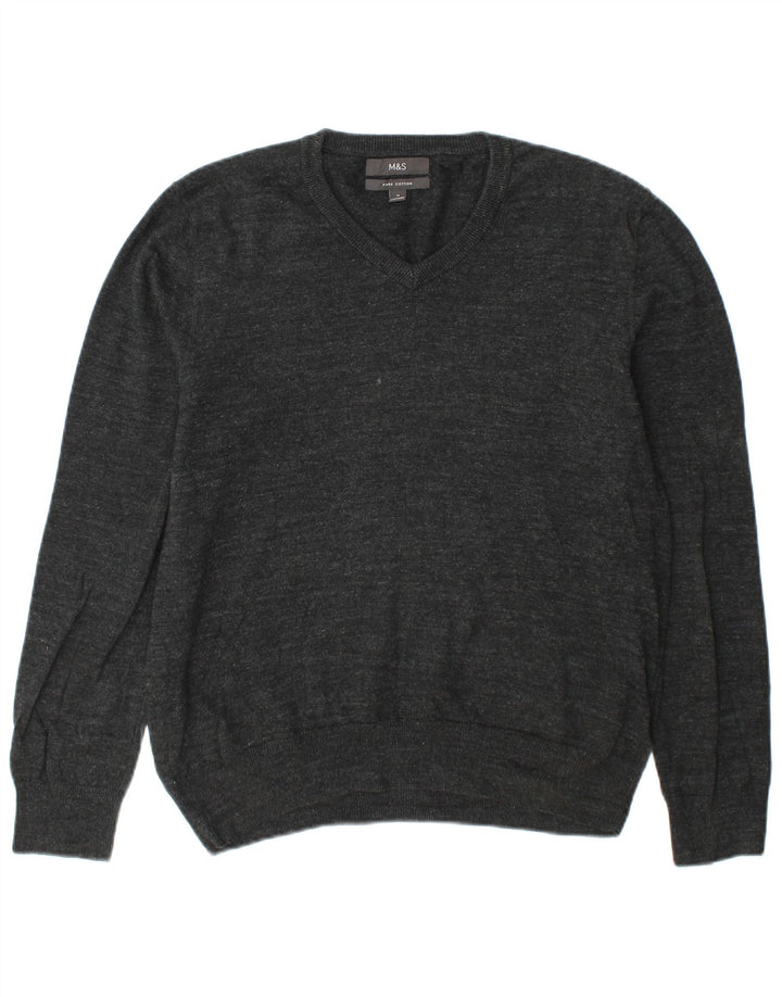 Suéter masculino Marks & Spencer com decote em V, algodão cinza médio
