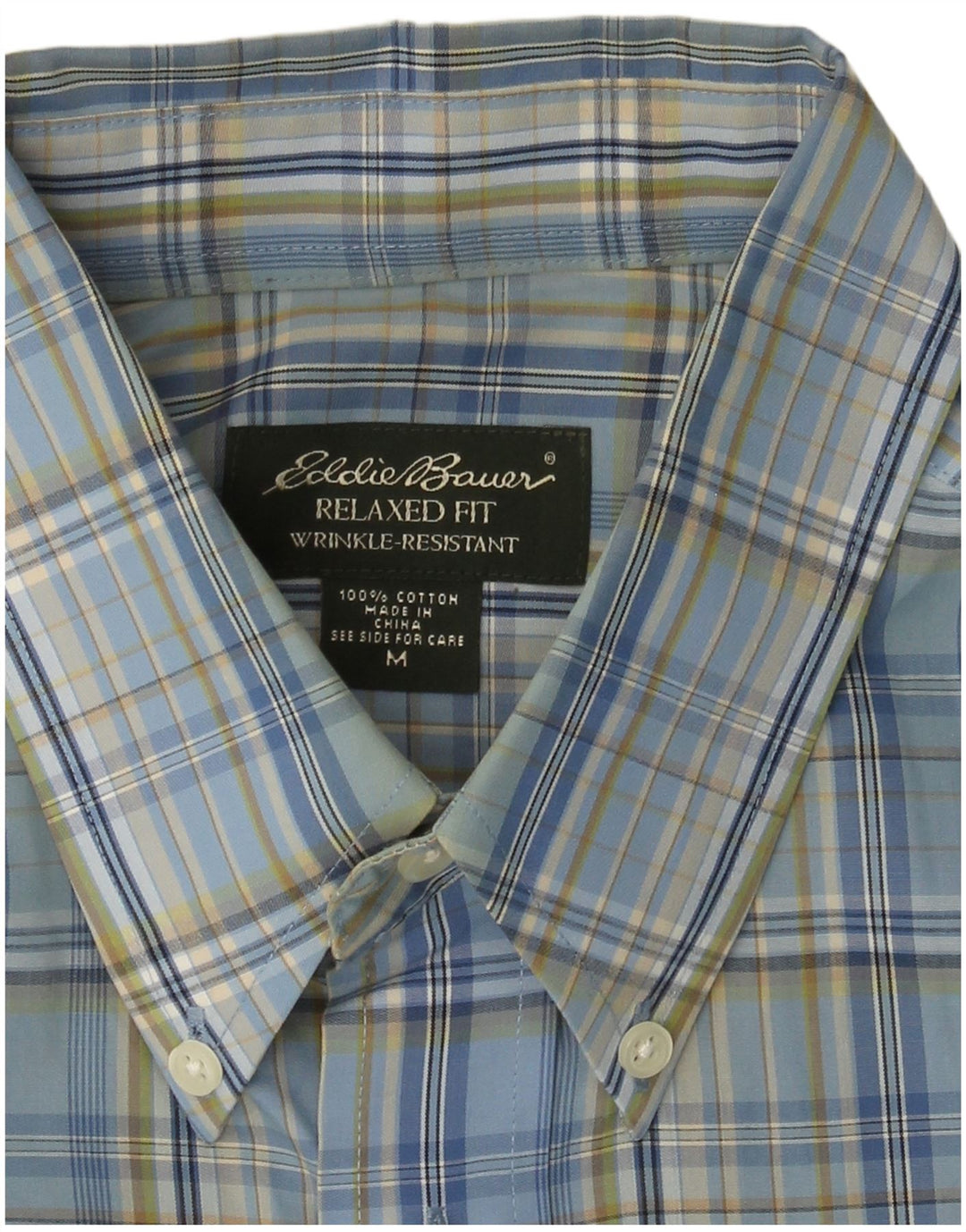 EDDIE BAUER Camisa masculina de manga curta com ajuste relaxado, algodão xadrez azul médio