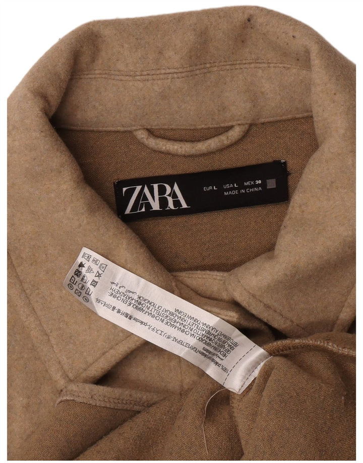 Zara Womens Shacket Jacket UK 14 Grande Poliéster Bege
