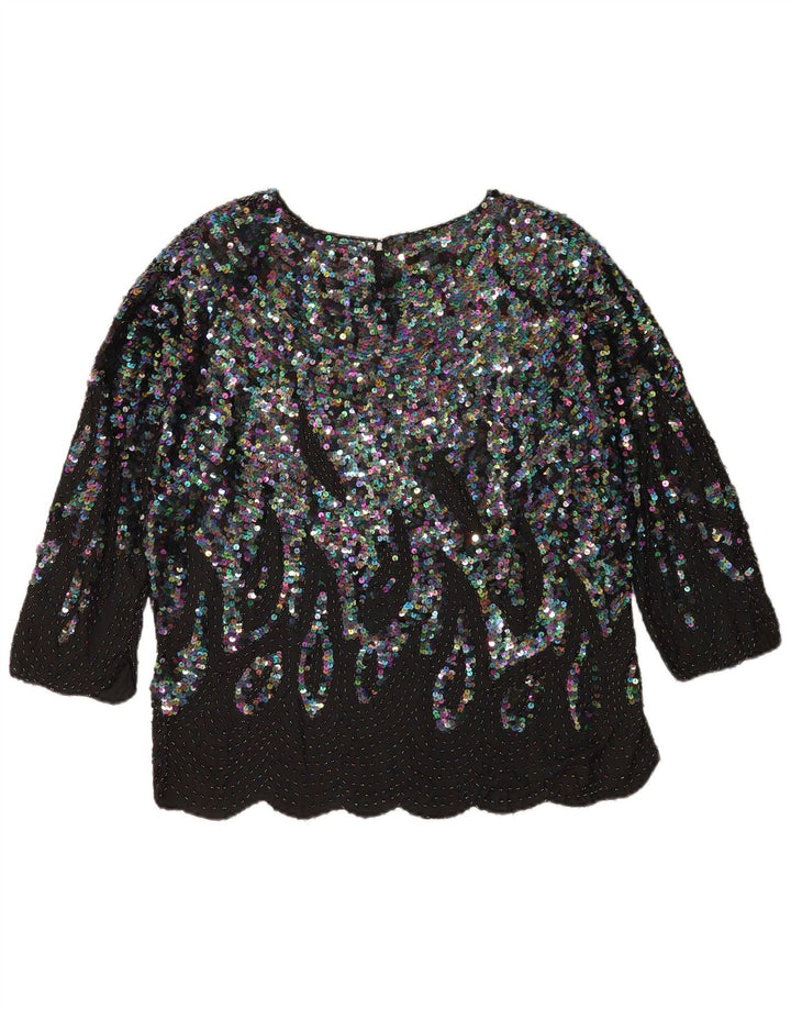 Blusa feminina vintage de lantejoulas manga 3/4 top UE 48 2XL seda preta