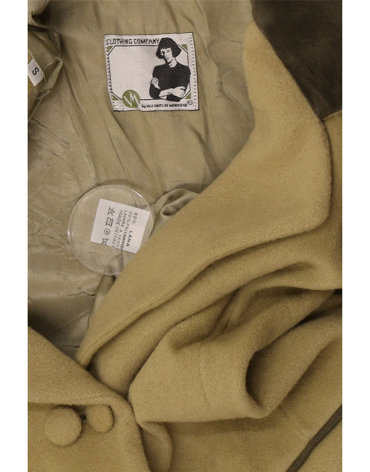 Jaqueta blazer feminina vintage com peito duplo Reino Unido 10 lã cáqui pequena