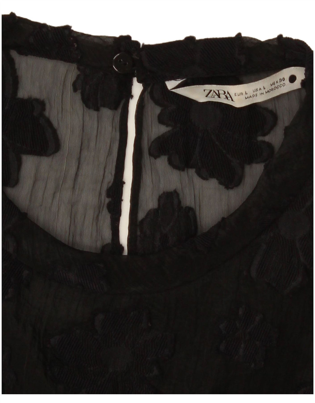 Zara Top feminino transparente Reino Unido 16 grande preto floral