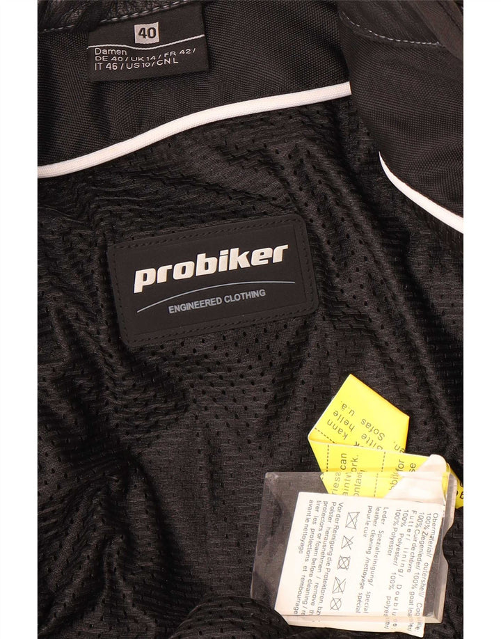 Jaqueta Probiker feminina de couro gráfico Racer UK 14 grande preta