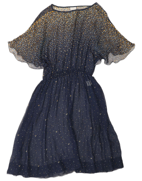 Vestido maxi feminino VINTAGE Batwing UK 18 XL azul marinho acetato manchado