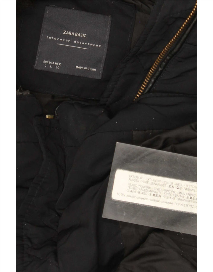 Zara Womens Crop Hooded Jacket UK 16 Grande Poliéster Preto