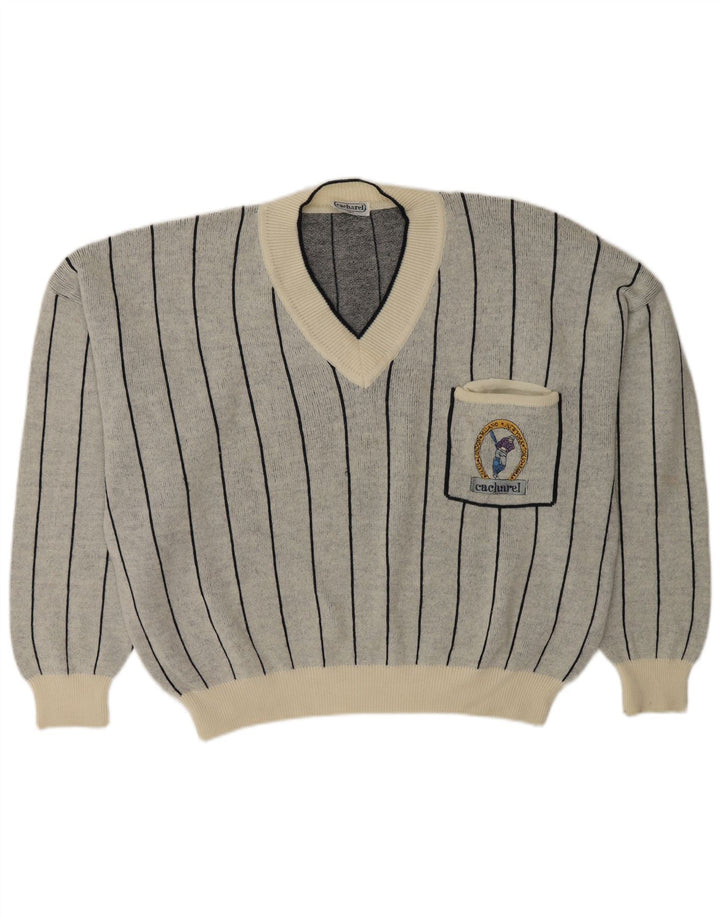 Suéter feminino Cacharel com decote em V Reino Unido 18 XL lã listrada cinza