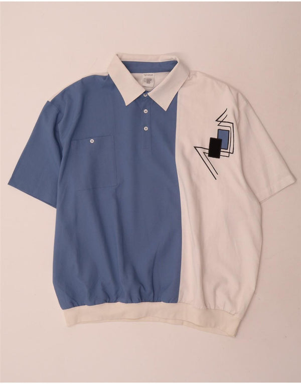 Camisa pulôver gráfica masculina vintage UK 54/56 5XL azul colorblock