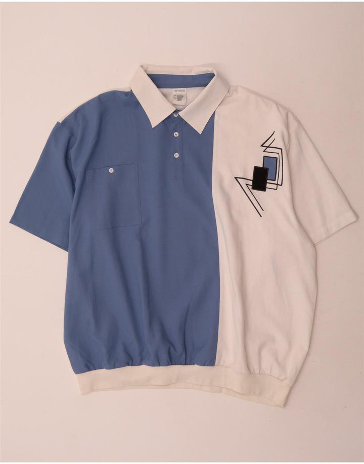 Camisa pulôver gráfica masculina vintage UK 54/56 5XL azul colorblock