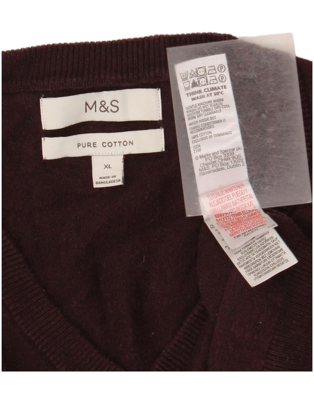 Suéter masculino Marks & Spencer com decote em V XL algodão Borgonha