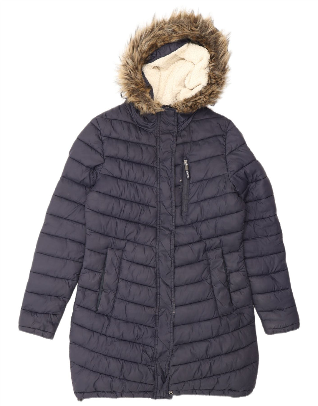 Casaco acolchoado com capuz feminino SUPERDRY UK 14 médio azul marinho nylon
