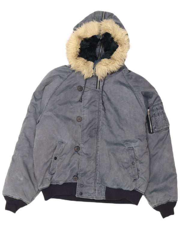 Jaqueta bomber masculina vintage com capuz UK 42 XL azul marinho poliamida