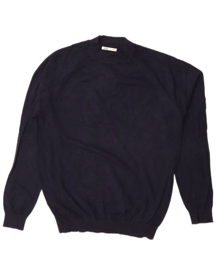 Zara Suéter masculino com gola redonda e viscose azul marinho médio