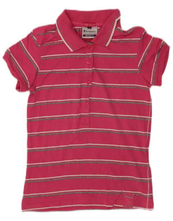 Camisa polo feminina Champion Heritage Fit UK 14 algodão listrado rosa médio