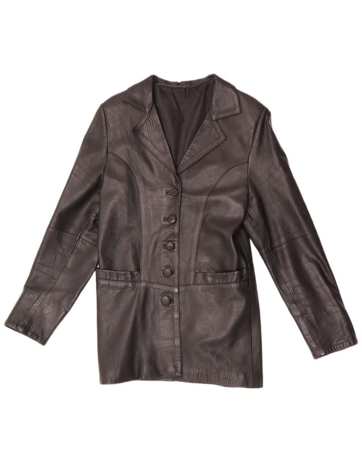 Jaqueta blazer feminina vintage de couro com 5 botões Reino Unido 8 pequena preta