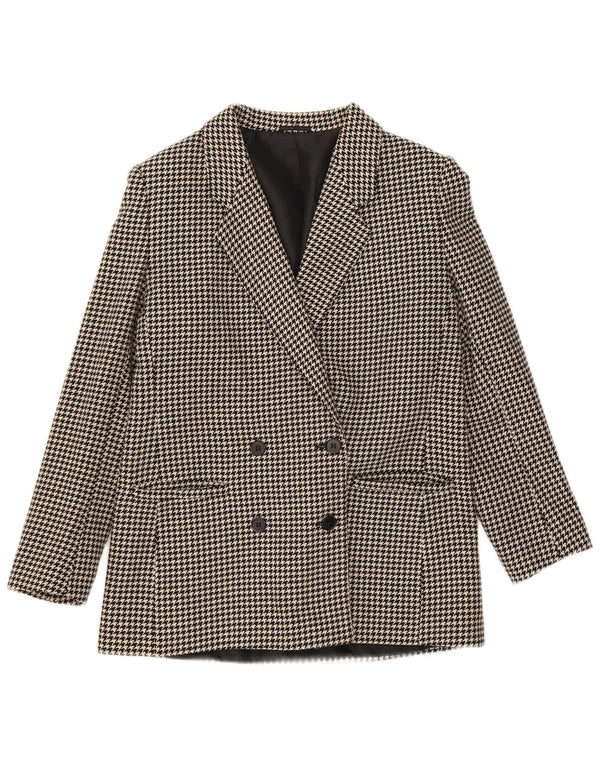 Jaqueta blazer feminina vintage com peito duplo UK 12 médio preto houndstooth