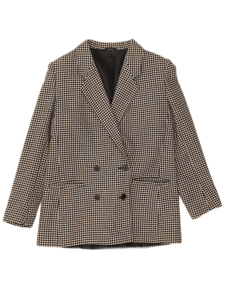 Jaqueta blazer feminina vintage com peito duplo UK 12 médio preto houndstooth