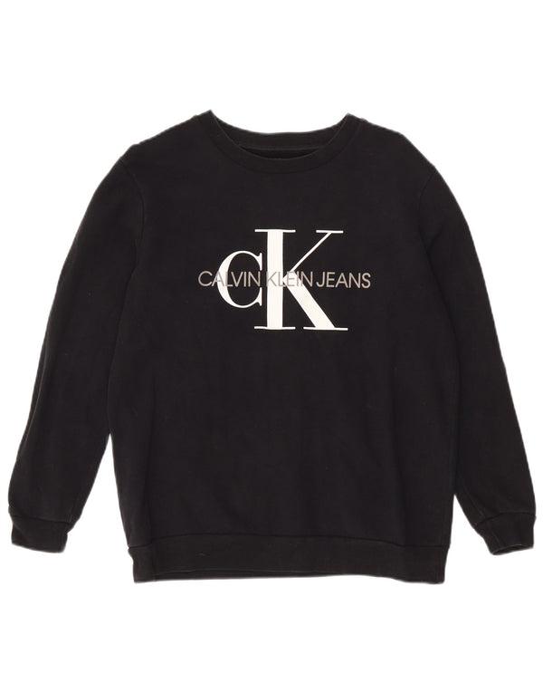 Calvin Klein Jeans feminino moletom gráfico jumper UK 12 médio preto