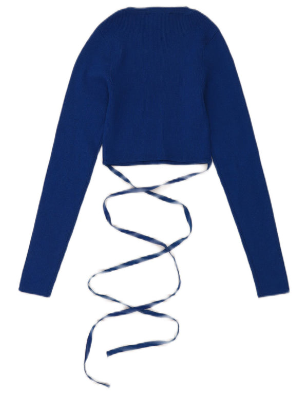 Suéter feminino ZARA com gola canoa e gola redonda, tamanho pequeno, viscose azul