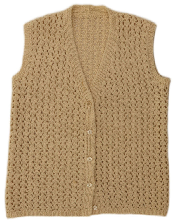 Suéter cardigã de crochê feminino vintage sem mangas Reino Unido 18 XL bege