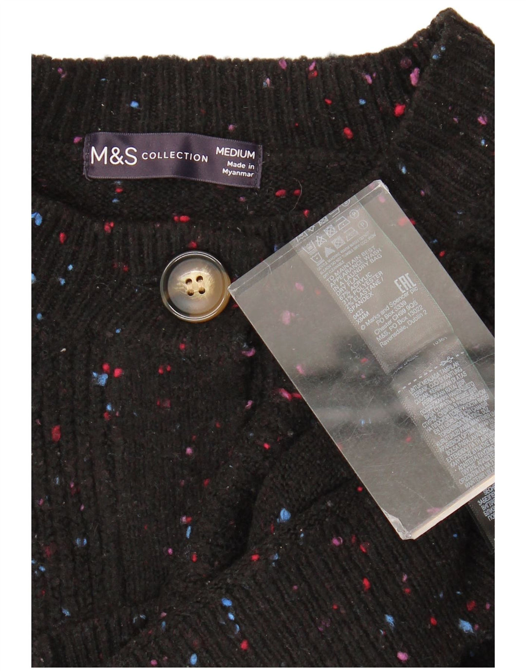 Suéter cardigã feminino Marks & Spencer Reino Unido 14 acrílico manchado preto médio