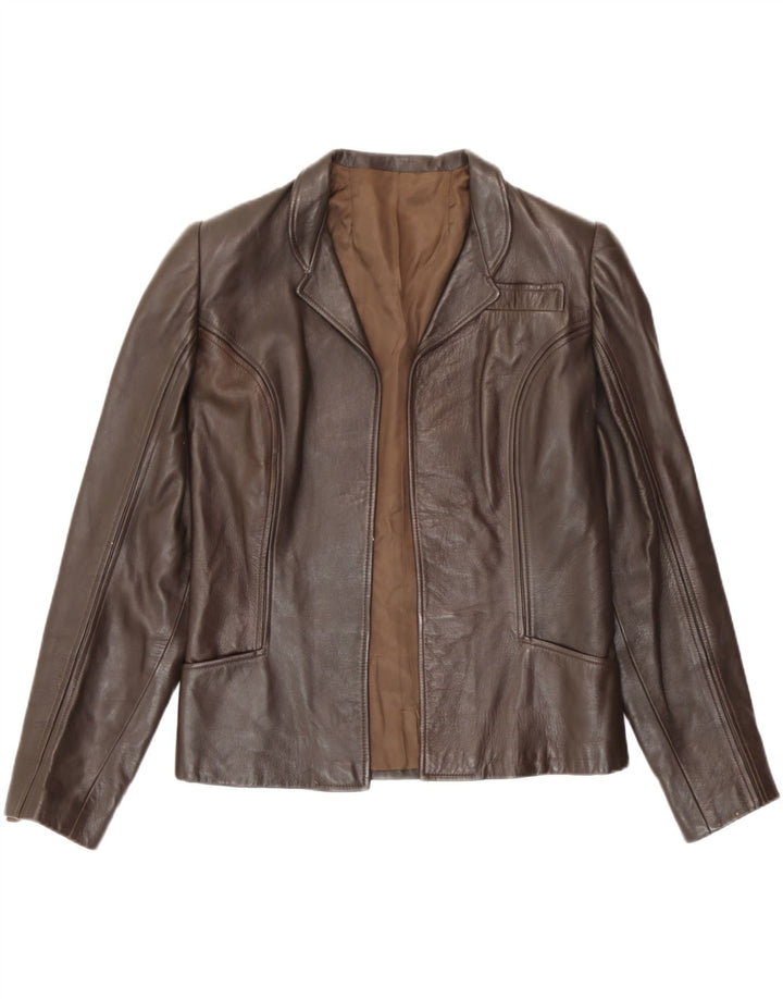 Jaqueta blazer aberta de couro feminina vintage UK 10 pequena marrom