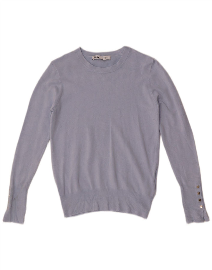 Suéter feminino Zara com gola canoa UK 12 viscose azul médio
