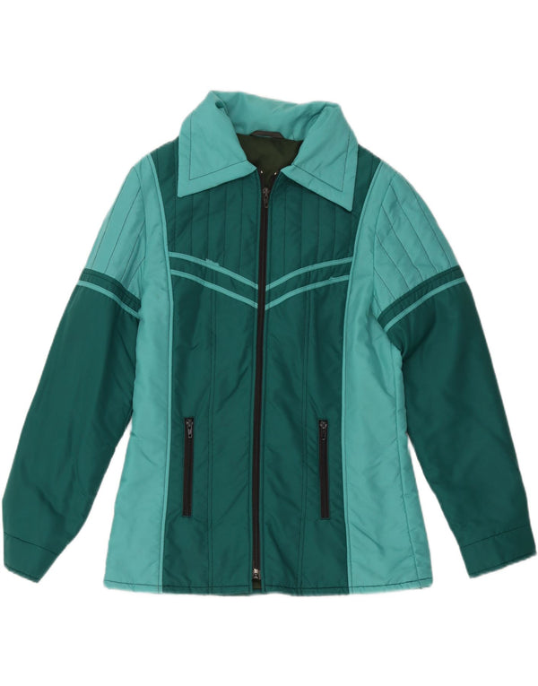 Jaqueta corta-vento feminina vintage Reino Unido 12 poliéster colorblock verde médio