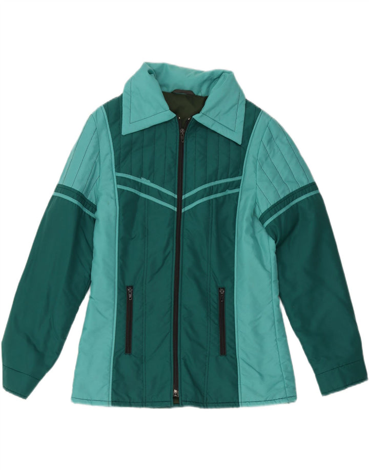 Jaqueta corta-vento feminina vintage Reino Unido 12 poliéster colorblock verde médio