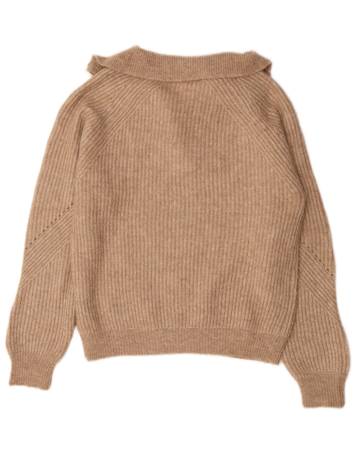 Suéter feminino Marks & Spencer com zíper e gola redonda Reino Unido 10 pequeno marrom manchado