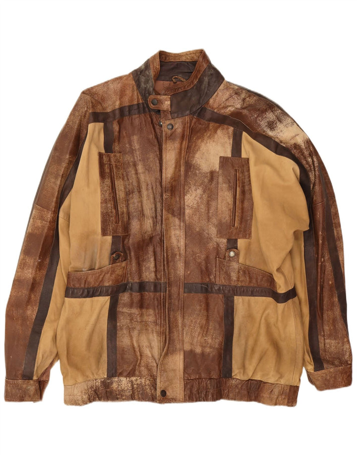 Jaqueta de couro masculina vintage UK 44 2XL patchwork marrom