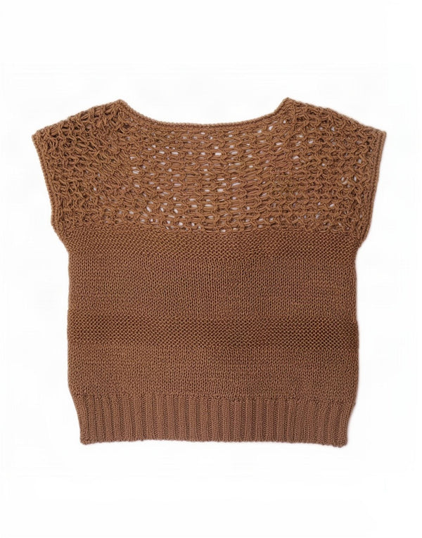Suéter feminino vintage de manga curta com gola canoa Reino Unido 10 pequeno marrom