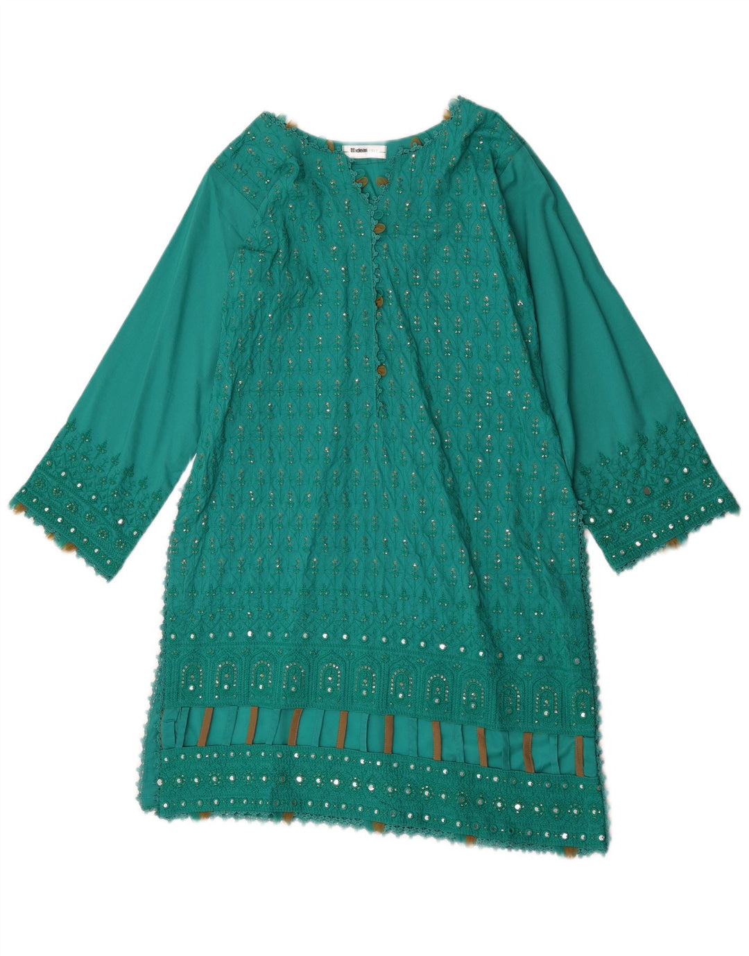 Vestido túnica vintage feminino de manga comprida UK 12 verde médio