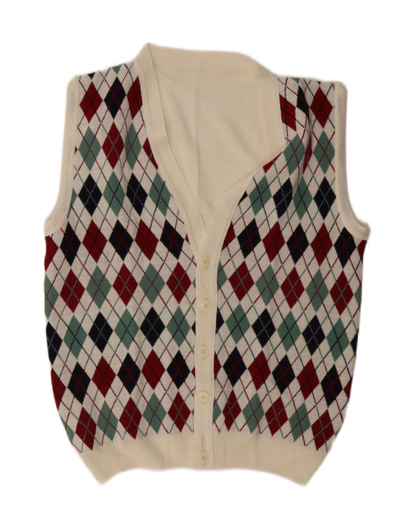 Suéter cardigã masculino vintage sem mangas grande branco Argyle/Diamante