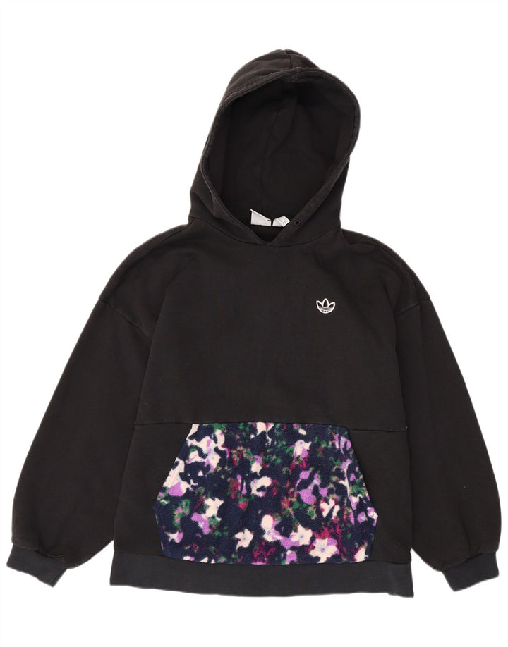 ADIDAS Womens Oversized Hoodie Jumper UK 10 Pequeno Preto Floral Algodão