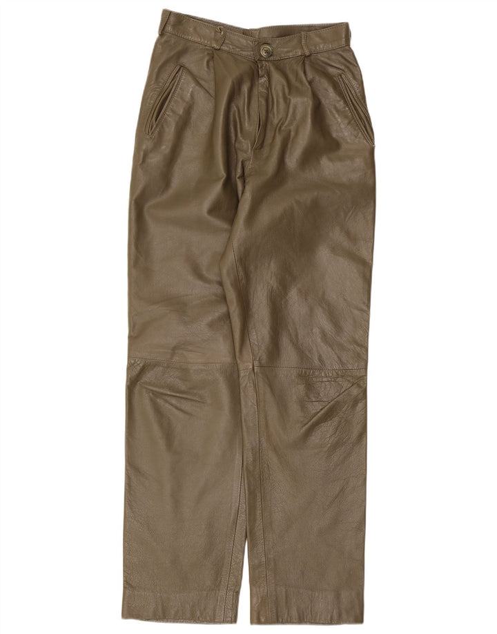 Calças de couro retas femininas vintage W26 L29 cáqui
